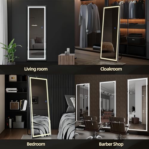 Silver LED Full-Length Mirror, 63" x 20", HD Tempered Glass Stand, Living Room Bedroom Cloakroom