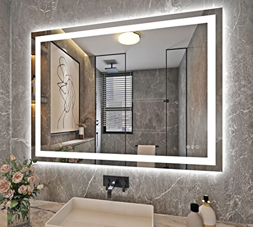 LED Bathroom Mirror for Wall, Front and Backlit, Tempered Glass, Anti-Fog, 3 Color Dimmable Memory