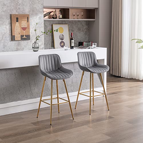 Modern Bar Stools Set of 2 Velvet Counter Stools with Back and Footrest for Kitchen Island and Home Bar-Grey