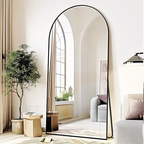 76x34 Arched Full-Length Black Mirror with Stand for Living Room & Bedroom