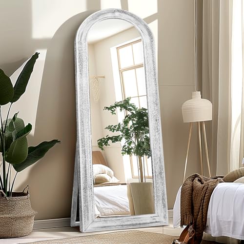 65x22 Inch Arch Full Length Mirror with Stand, Solid Wood Frame, White