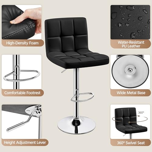 Yaheetech Adjustable PU Leather Bar Stools Set, Modern Counter Height Swivel Stools for Bar, Kitchen, Dining Room, Black