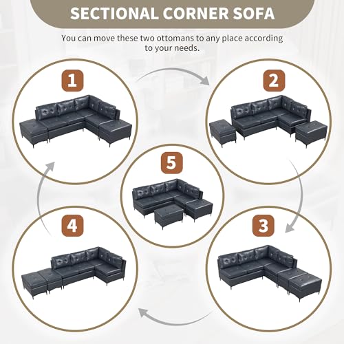 Contemporary Leather Sectional Sofa Couch with Movable Ottomans for Living Room, Bedroom, Apartment, Blue