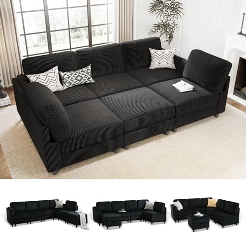KKL Modern Reversible L/U-Shaped Sectional Sleeper Sofa with Storage Ottoman, Black