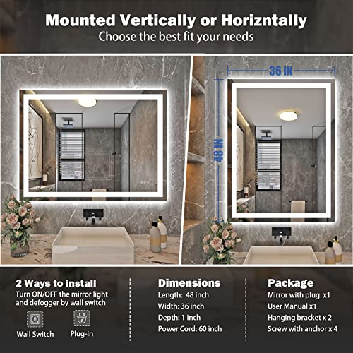LED Bathroom Mirror for Wall, Front and Backlit, Tempered Glass, Anti-Fog, 3 Color Dimmable Memory