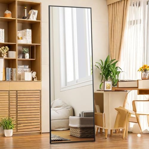 59" Aluminum Standing Mirror with Stand, Black, for Bedroom or Living Room