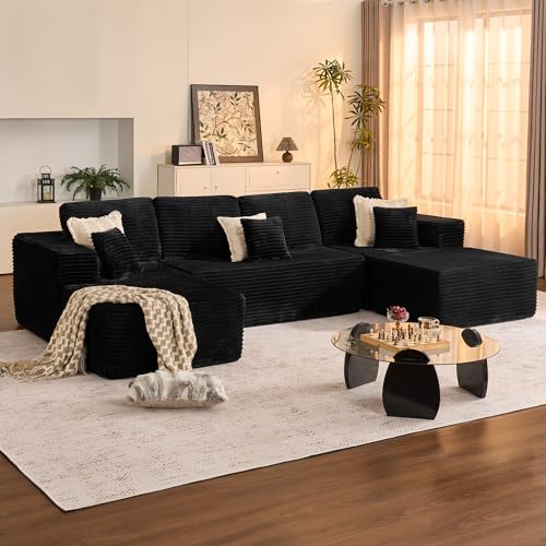 133" Modular Plush Corduroy Sofa, Deep Seat Chaise Lounge, No Assembly Required, Black