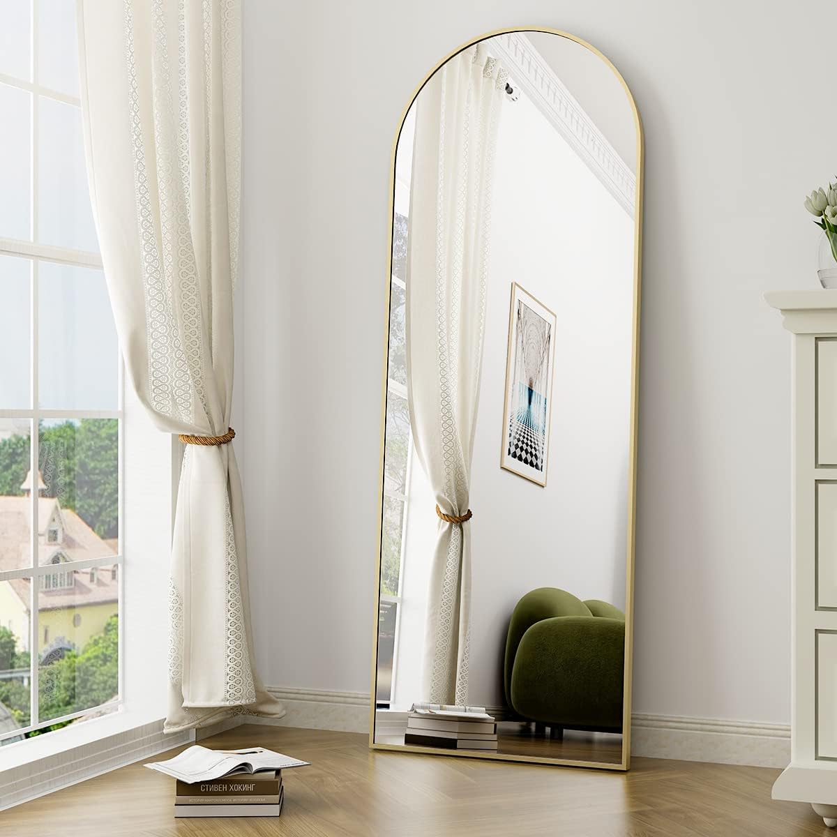 Arched Full Length Mirror with Stand - Gold Floor Mirror for Living Room Bedroom
