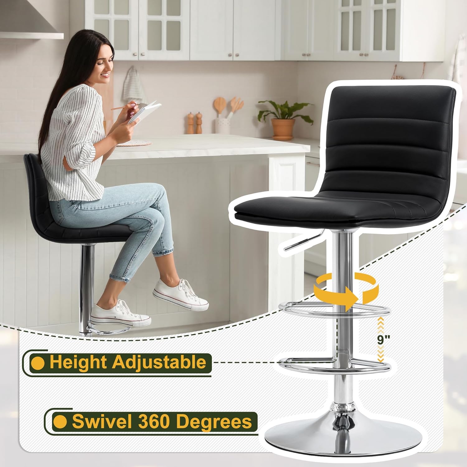 Modern Adjustable Bar Stools, Set of 2 (Black)