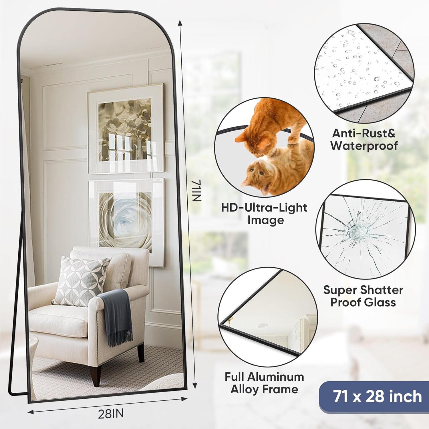 Oversized Freestanding Full Body Mirror for Bedroom and Living Room, Black