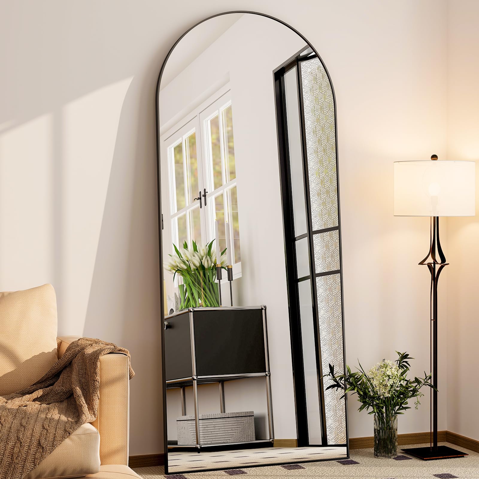 Easly Extra Large Arched Full Length Mirror - Leaning Mirror for Living Room Bedroom Cloakroom, Black